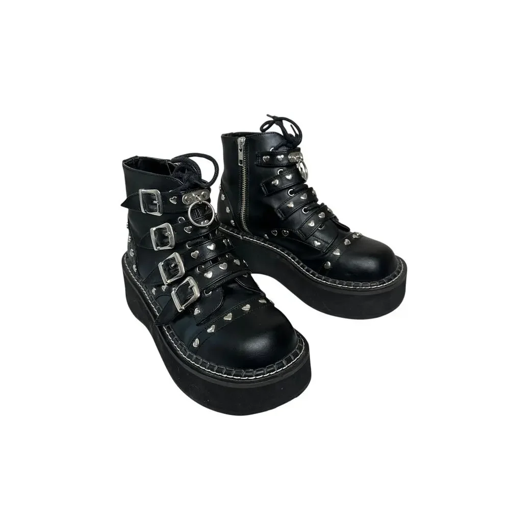 Demonia Emily 315 Boots Womens 7 Black Platform Heart Studs Buckle Strap Lace Up